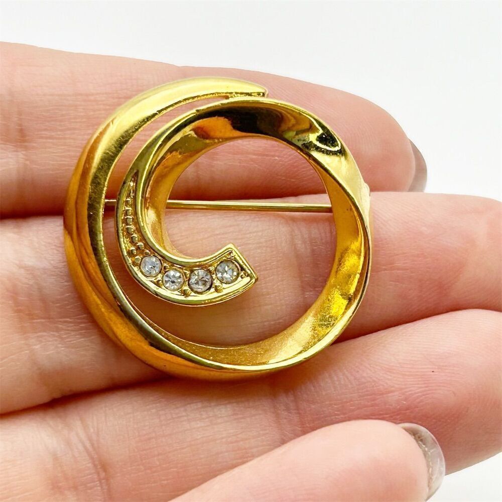 Vintage Avon Gold Tone Spiral Brooch with Clear Rhinestones Small Dainty Classic